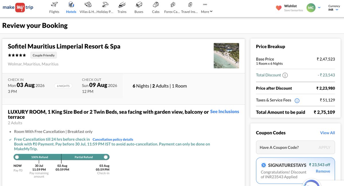 PostcardPerks's tweet photo. Think booking directly or through an OTA gets you the best deal? Think again.

Here's a booking I recently made for a client at Sofitel Mauritius L'Impérial Resort & Spa (6-night stay, refundable rate):

📍 https://t.co/1NsFSG2Hrt Rate: ₹3,16,955 (Breakfast only)

📍 MakeMyTrip Rate: ₹2,75,109 (Breakfast only)

📍 FORA Rate: ₹2,12,901 (3rd & 6th Night FREE)

Additional PERKS when booked through FORA include:
✅ Daily breakfast for two
✅ USD 100 hotel credit per room per stay
✅ Room upgrade (subject to availability)
✅ Early check-in & late check-out (subject to availability)
✅ Welcome note & amenities

That's a massive saving when compared to both https://t.co/1NsFSG2Hrt and MMT — while receiving additional luxury perks that OTAs simply don't include.

Luxury hotel bookings aren't just about finding the lowest headline rate. They're about maximizing value.

Planning your next staycation or holiday? Reach out to @PostcardPerks and we'll help you find the best available rates and exclusive perks.