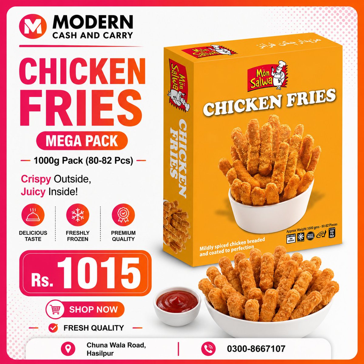 ModernCashCarry's tweet photo. At Modern Cash &amp; Carry, we're committed to providing our customers with trusted brands and premium-quality frozen food products.

Our latest Mon Salwa collection includes Chicken Burgers, Chicken Fries, Seekh Kabab, Chicken Samosa, Chicken Kofta, Chicken Chapli Kabab, and Crispy https://t.co/8Sd3dv7VAY