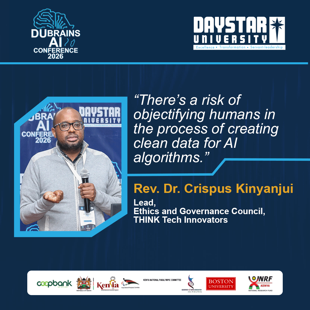 DaystarUni's tweet photo. @kenyapara Rev. Dr. Crispus Kinyanjui described the conference as timely as the world stands at the dawn of the next Industrial Revolution. He urged innovators to build AI that solves real problems &amp; safeguards human dignity through ethical governance.

#DUBrains2026
#FormNiDaystar https://t.co/neN210xGC9