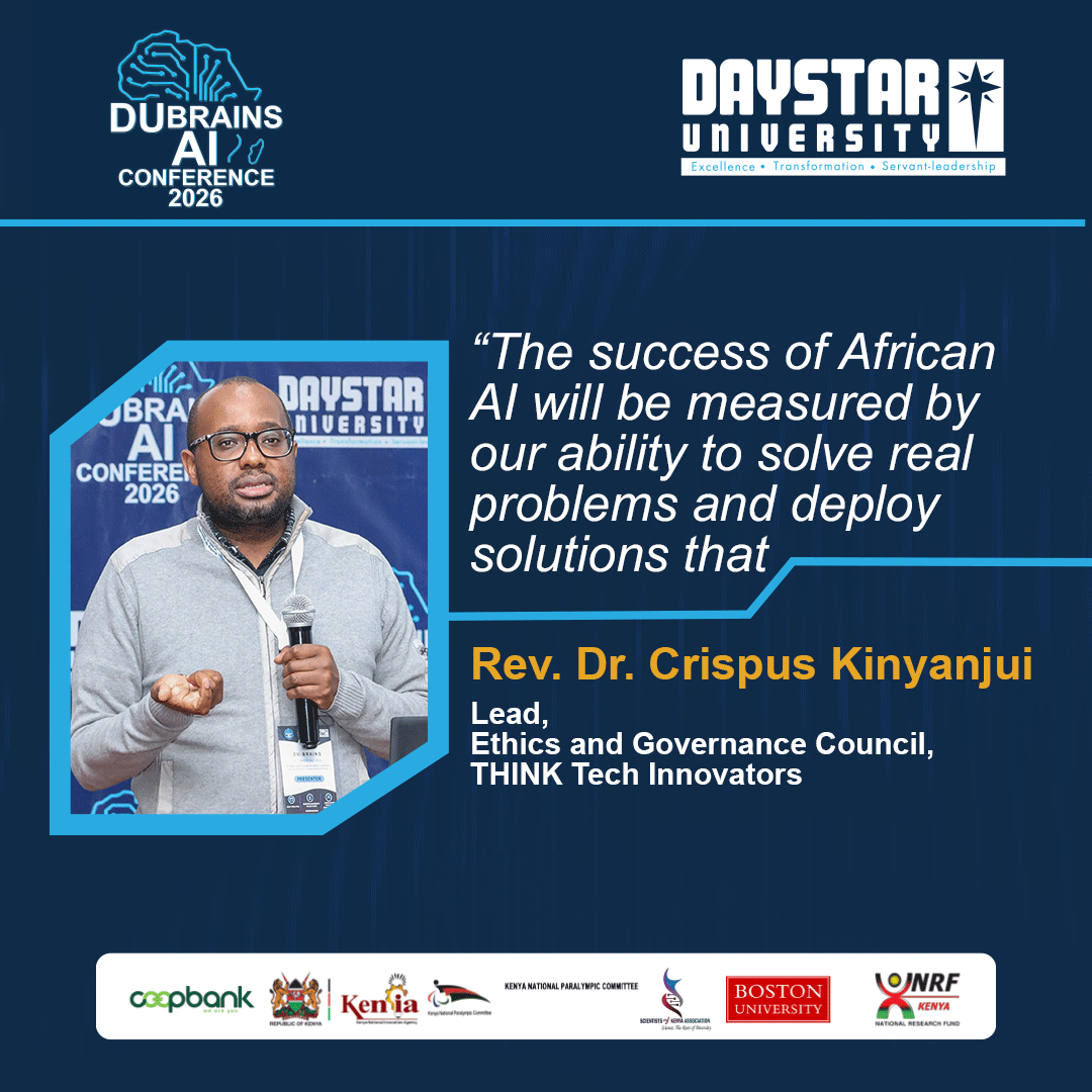 DaystarUni's tweet photo. @kenyapara Rev. Dr. Crispus Kinyanjui described the conference as timely as the world stands at the dawn of the next Industrial Revolution. He urged innovators to build AI that solves real problems &amp; safeguards human dignity through ethical governance.

#DUBrains2026
#FormNiDaystar https://t.co/neN210xGC9