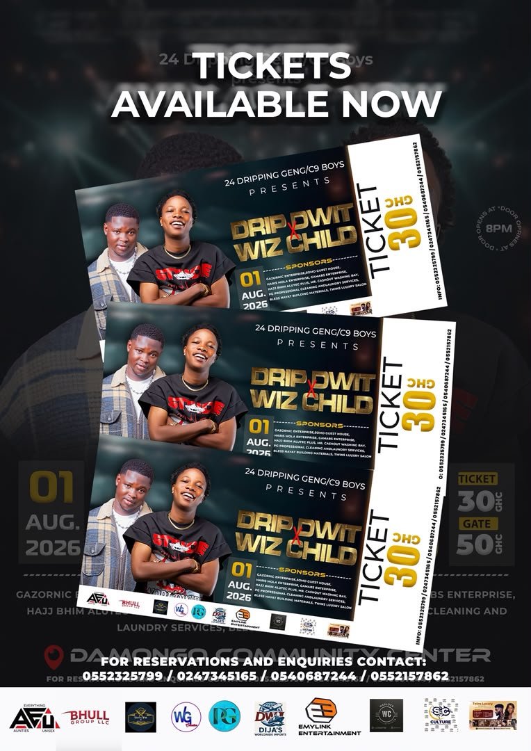 muzeplug_gh's tweet photo. 🔥🔥🔥 TICKETS FOR '@DrIpdwit WITH @WizchildAhmed ARE OFFICIALLY OUT! 
​Catch the vibe live at the Damongo Community Center on Saturday, 01/08/26!
​🎫 Tickets: GH₵ 30 (Advance) | GH₵ 50 (Gate)
📞 Reservations: 0552325799 / 0247345165
​#MuzeplugGhana #DripWithWizChild #WizChild https://t.co/sA3WcGiS8J