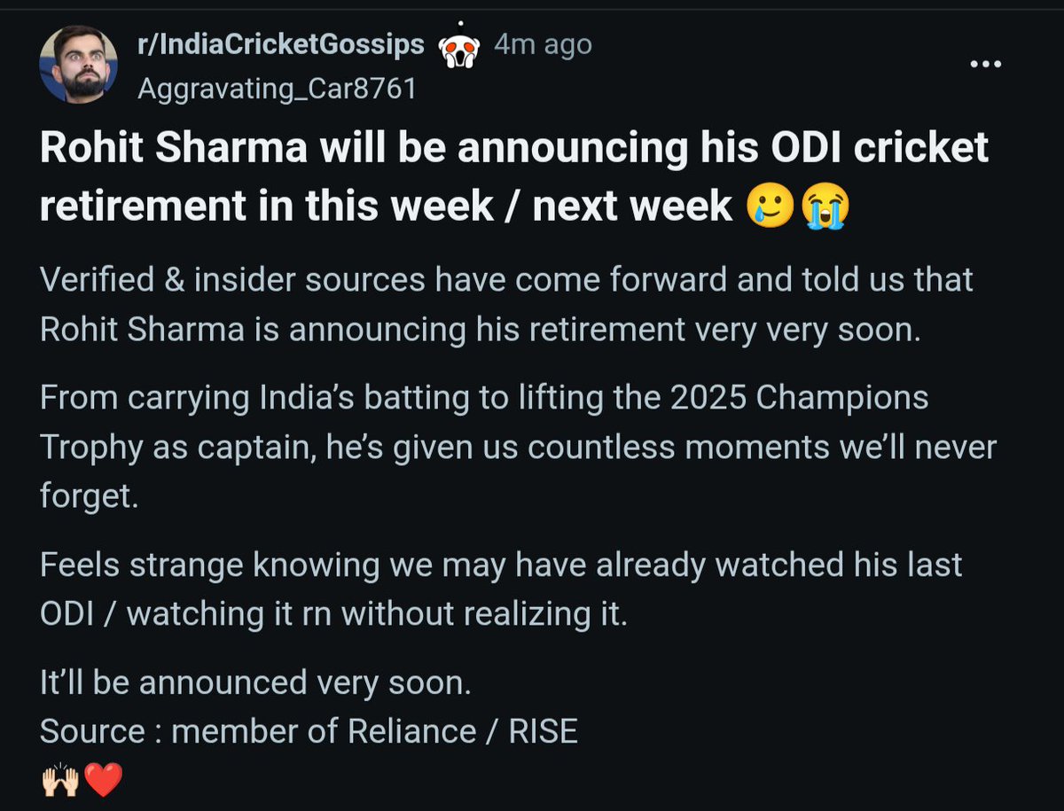 Perpendicular_6's tweet photo. What!??!!! Rohit Sharma is retiring l??

@CricSubhayan @abhishereporter @rohitjuglan @kushansarkar 

Can anyone of you confirm????

#Rohitsharma #Indiancricketteam https://t.co/3DQzZPRGRH