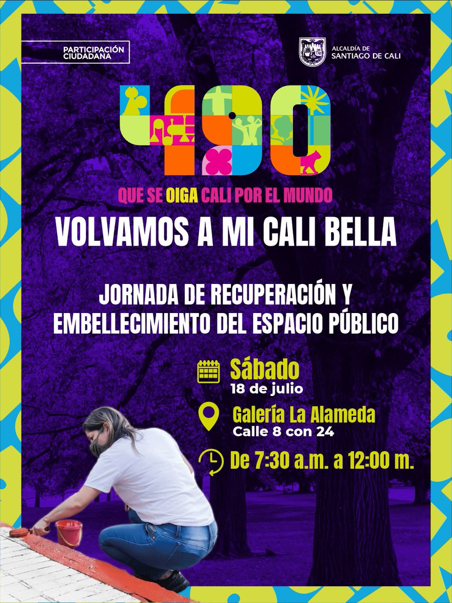 Maritzaponza's tweet photo. ¡Cali cumple 490 años y la mejor forma de celebrarla es entre todos!🎉🫱🏼‍🫲🏽 

Este sábado 18 de julio te invitamos a sumarte a Volvamos a Mi Cali Bella, una jornada de recuperación y embellecimiento del espacio público para demostrarle nuestro amor a la ciudad. https://t.co/MzZOv72qsz