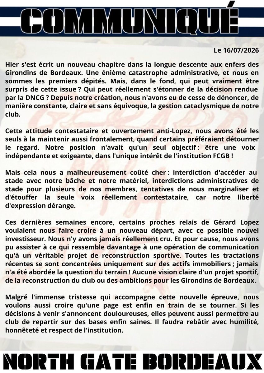 ActuFoot_'s tweet photo. 🚨 « LE FCGB PEUT ENFIN ÊTRE LIBÉRÉ DE SON BOURREAU. » 😮‍💨💙🤍

La North Gate Bordeaux, groupe ultra des Girondins, s’exprime sur la situation du club dans un communiqué. 

Le groupe DÉZINGUE Gérard Lopez et croit en un meilleur avenir des Girondins malgré leur exclusion des compétitions nationales.

📸 @northgateoff