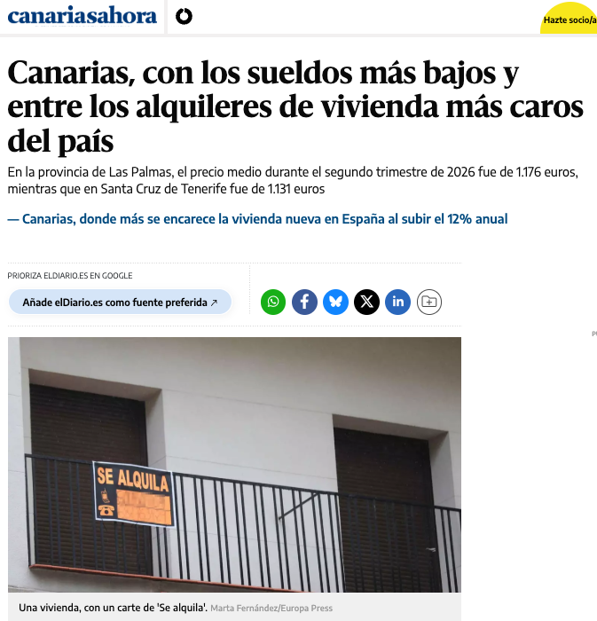 daniefalero's tweet photo. 🏠 CANARIAS: LOS MÁS POBRES PAGANDO LOS ALQUILERES MÁS CAROS

Canarias tiene los segundos sueldos más bajos de toda España, solo por delante de Extremadura, y al mismo tiempo es de las comunidades más caras para vivir de alquiler. Solo Baleares, Cataluña, Madrid y País Vasco nos superan en precios.

En Las Palmas el alquiler medio ya está en 1.176 euros, y en Santa Cruz de Tenerife en 1.131. Súbete esas cifras al sueldo medio canario y dime cómo hace una familia trabajadora pa llegar a fin de mes.

Y no es solo el precio: por cada vivienda que sale al alquiler se presentan de media 120 interesados en los primeros diez días. En Las Palmas, hasta 123. Eso no es mercado, eso es gente peleándose por un techo. 

Mientras tanto, Canarias es la cuarta región con más presión turística de toda Europa, con 13.000 noches reservadas en pisos turísticos por cada 1.000 habitantes, casi el doble que Andalucía o la Comunitat Valenciana.

La cuenta está clara: turismo y vivienda vacacional acaparando el parque de viviendas, mientras el canario de a pie, con uno de los sueldos más bajos del país, se queda sin sitio donde vivir en su propia tierra.

Esto no se arregla con más promesas. Hace falta ya: limitar de verdad la vivienda vacacional, blindar el alquiler pa residentes, y una subida real de sueldos que esté a la altura del coste de vida en las islas. No podemos seguir siendo el paraíso de quien viene de fuera y el infierno de quien vive aquí.

#CanariasNoEsUnParaísoParaTodos #ViviendaCanarias #SueldosBajos #BasicoPodervivirAquí #CrisisdelaVivienda