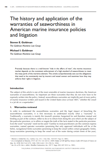 LawtextPub's tweet photo. JIML Journal of International Maritime Law Vol 31 Issue 3
Orders via https://t.co/TJnWVVGTNl online included with print subscription
Warranties of seaworthiness in American marine insurance policies - The Goldman Maritime Law Group
#JIML #marineinsurance #americanmarineinsurancepolicies #shipping law #tradelaw #maritimelaw