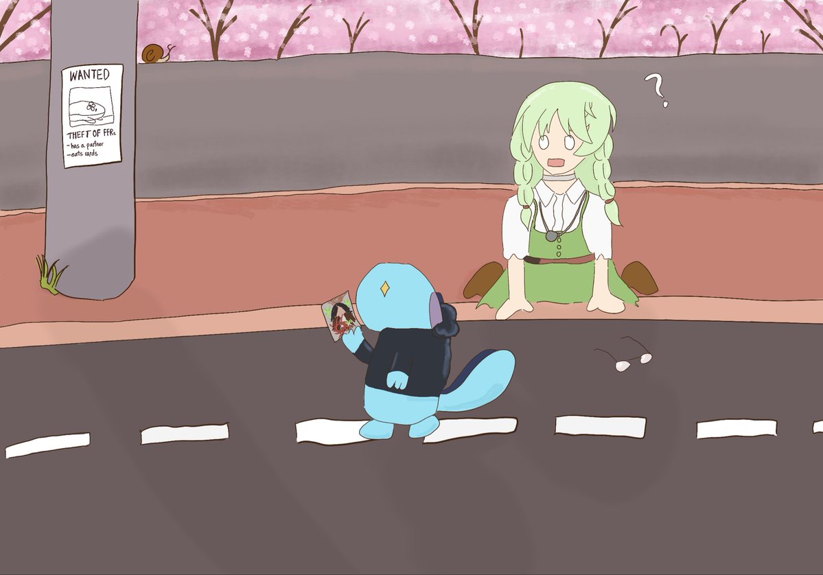 Frostlanterns's tweet photo. Oh no! Suzune has been robbed by a strange creature! It seems to be after her FFR Artisaria for some reason! Could this have to do with its partner asking for its wallet to buy the new Artisaria cards?

(@squaggycfvg gimme your cash) https://t.co/vBprG4g1uU