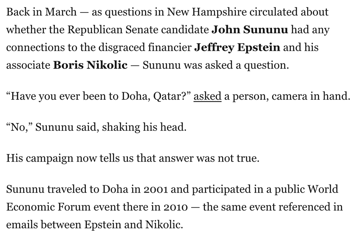 AndrewBerzolla's tweet photo. NEW FROM @WashingtonPost: John Sununu gave a “false answer” when he denied visiting Doha, Qatar for the World Economic Forum event referenced in Jeffrey Epstein’s email that said:

“john sununu, has good stories”

#NHPolitics #NHSen  🧵 https://t.co/94yVF6TrXG