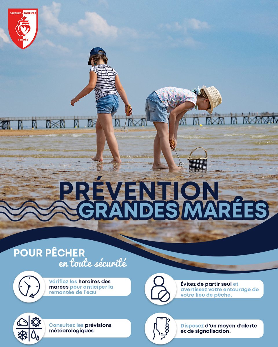 SDIS85's tweet photo. 🌊Jusqu'à samedi 18 juillet, de forts coefficients de marées sont annoncés. Les sapeurs-pompiers du @SDIS85 vous invitent à la prudence lors de vos activités de pêche à pied sur l’ensemble du littoral vendéen.
@PrefetVendee https://t.co/Lk0jFTh6Qh