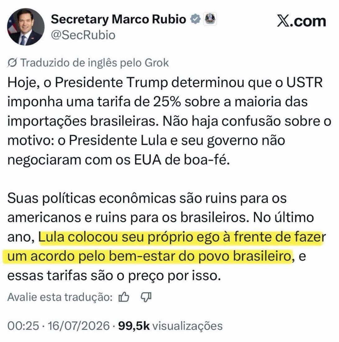 RafaelFontana's tweet photo. Marco Rubio, o homem forte da política externa americana, culpou diretamente Lula pelas taxas aos produtos brasileiros.

Lula sacrificou o bem-estar dos brasileiros.
Lula, como Maduro, não tem um exército capaz de enfrentar os EUA. https://t.co/TxIYyJLdPa