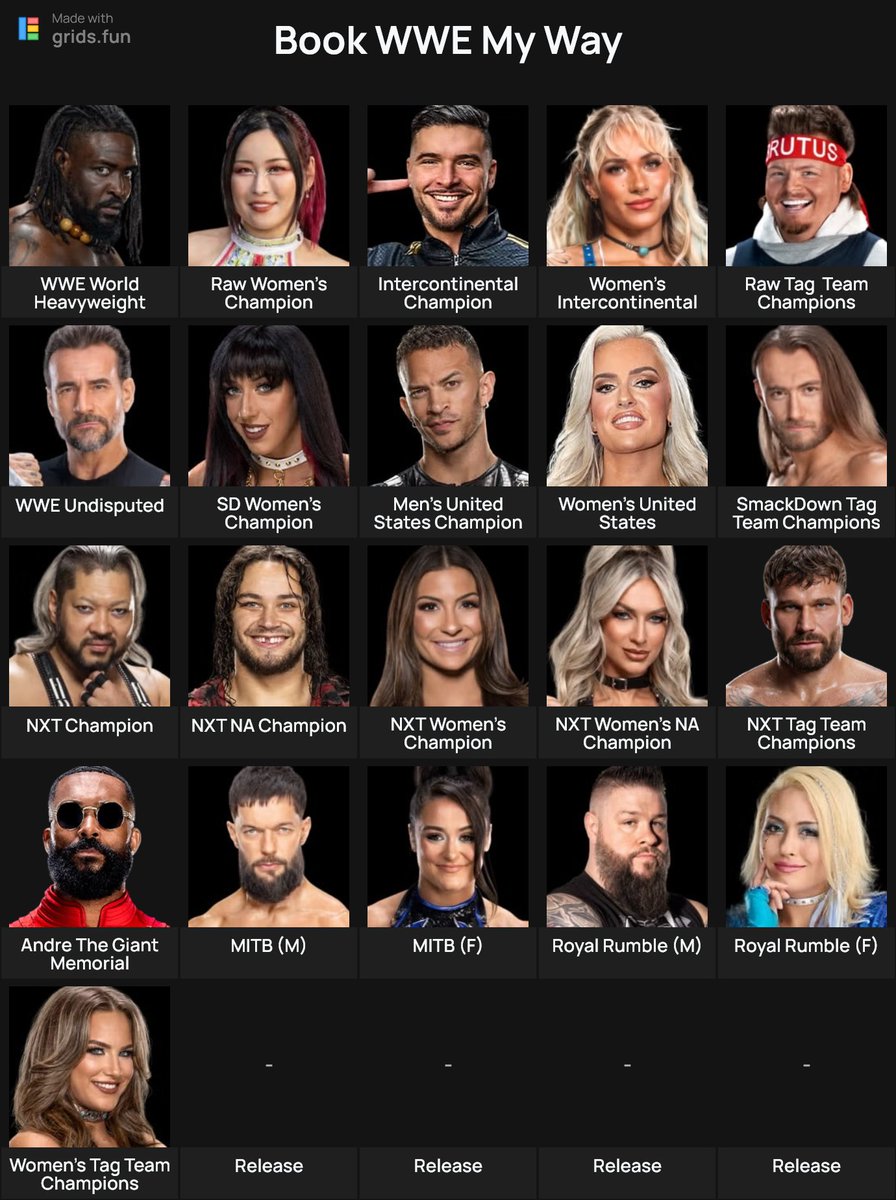 WWEFanShield's tweet photo. N'hésitez pas à me dire que vous en pensez 😁

J'ai dû modifier certaines choses (rajouter les championnes par équipe notamment) + je n'ai mis personne dans "release" car, vous me connaissez, je n'aime pas ça... https://t.co/QWIcCA0JVp
