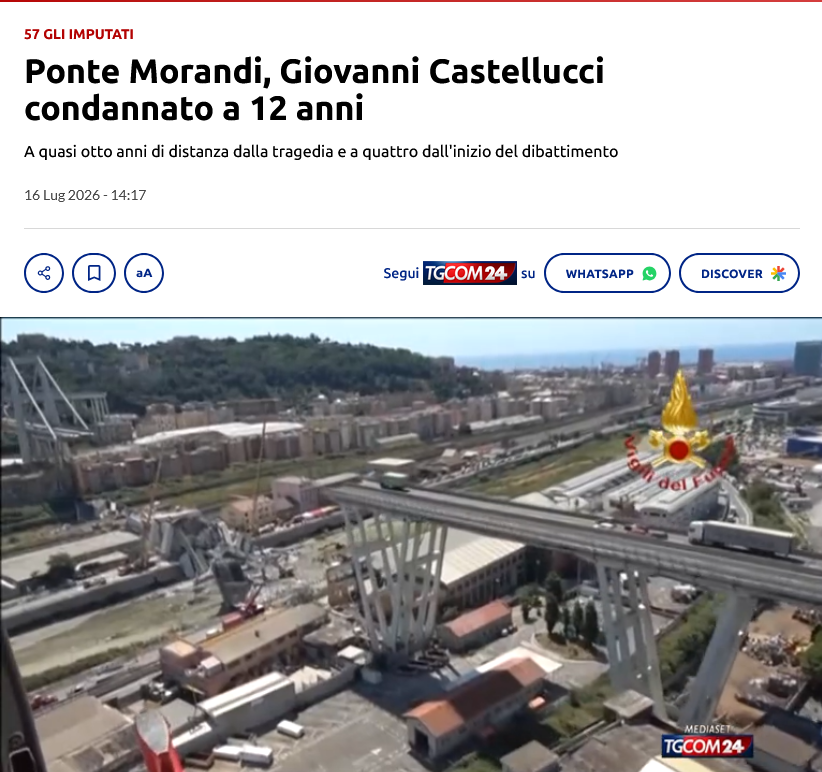 riktroiani's tweet photo. +++ L'ex ad di Aspi Giovanni #Castellucci condannato a 12 anni per il crollo di #ponteMorandi +++
La procura aveva chiesto 18 anni e 6 mesi.
L'ex direttore vigilanza #Mit su concessioni autostradali Mauro #Coletta è stato condannato a 5 anni. Nei suoi confronti la procura aveva chiesto la condanna a dieci anni.
Ricordiamo che il 14 agosto del 2018 il viadotto autostradale genovese collassò su se stesso, provocando 43 vittime.
Link: https://t.co/mWMSoQcF0g