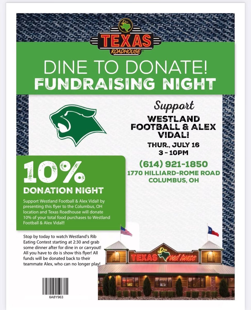 WHSCougars's tweet photo. Please join us TONIGHT in supporting Westland senior football and wrestling athlete Alex Vidal during his fight against a brain tumor. Dine at Texas Roadhouse on Hilliard-Rome Rd, 3–10 PM. Show this flyer; 10% of your purchase supports the Vidal family. https://t.co/G9V4ZXL2PV