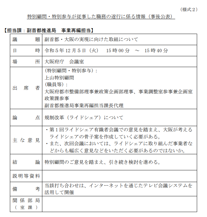 aomurasaki_ll's tweet photo. 大阪府市特別顧問：上山信一氏の職務情報

2023年
11月7日 規制改革（ライドシェア）
11月9日 大阪における魅力づくり
11月10日 規制改革（ライドシェア）
11月13日 規制改革（ライドシェア）
12月5日 規制改革（ライドシェア）
12月27日 規制改革（ライドシェア）
https://t.co/TbHws7IR1R https://t.co/quESB0g3H0