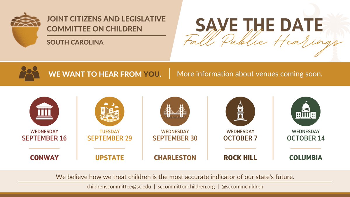 scchildrencomm's tweet photo. The #JCLCC is pleased to announce the tentative schedule for our 2026 Fall Public Hearings! We anticipate these dates and locations will remain as listed, pending final venue confirmations. Additional details will be shared as they become available. 

RSVP links available below. https://t.co/v3GX7j7OBq
