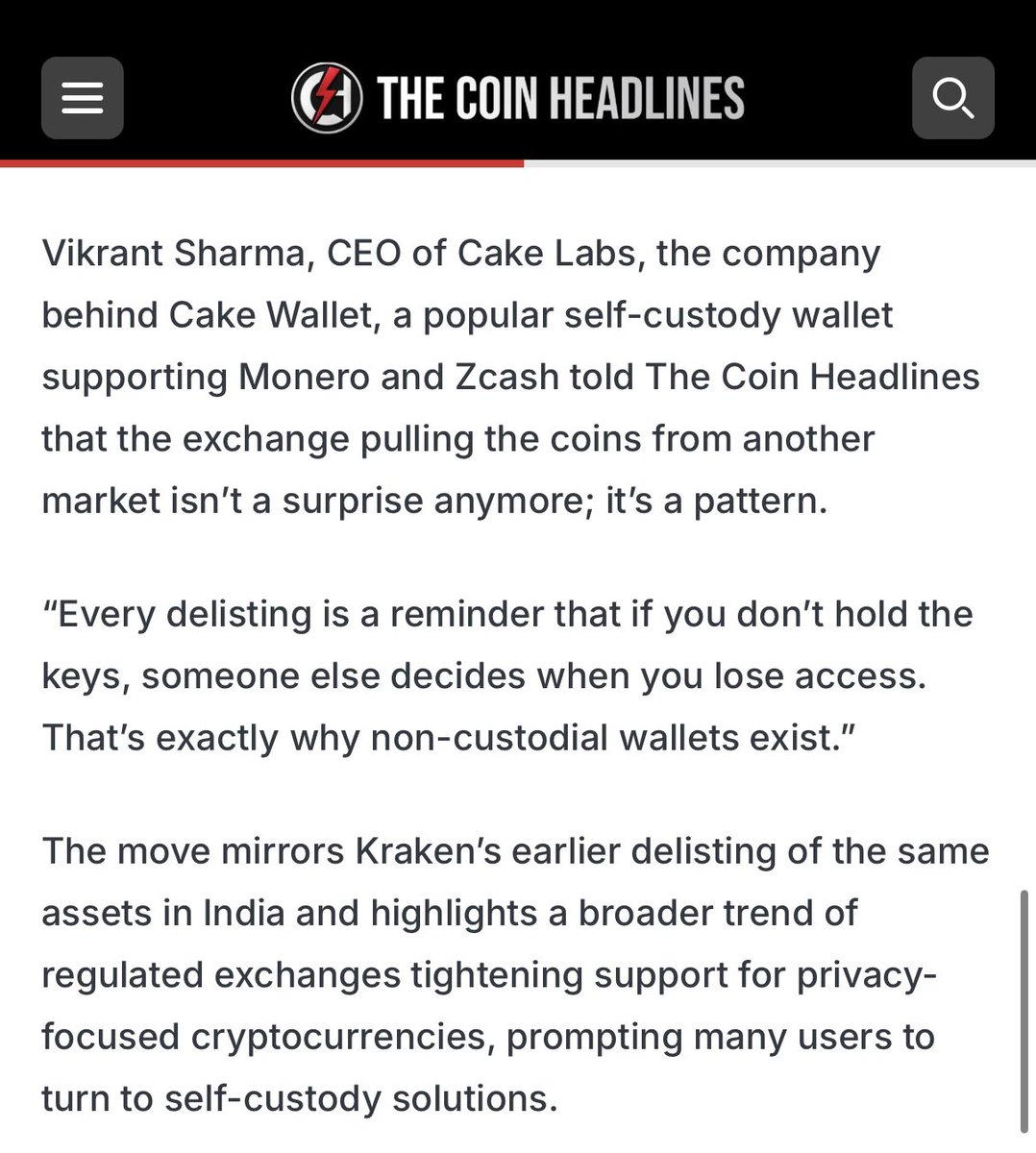 cakewallet's tweet photo. Privacy coin delistings are a reminder of why self-custody matters.

Appreciate @CoinHeadlines featuring @vikrantnyc to discuss why holding your own keys is so important! https://t.co/7moGdJhGAW