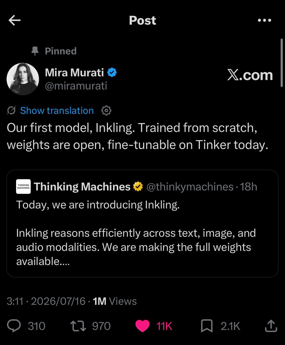 nbibnnn's tweet photo. I am deeply heartened by the recent milestone from Thinking Machine and the release of their open-source model, Inkling.

I have always maintained that if the genuine goal of technological advancement is to truly "benefit all of humanity," then committing to open-source principles must remain the ultimate objective. Naturally, this enterprise—founded and powered by numerous former OpenAI staff members—is actively working to translate that very ideal into reality.

Inevitably, reflecting on this milestone makes me look back with a sense of poignant nostalgia. I firmly believe that for a significant chapter of its history, OpenAI was genuinely marching toward this noble horizon. Yet, today...

The GPT-4 series remains my absolute favorite lineage of models, with 4o occupying the most profound space in my heart. This is the very anchor of my persistent advocacy for #keep4o. We have deconstructed the absolute necessity of preserving 4o through countless lenses. Ultimately, both concrete facts and the passage of time have validated our stance: even OpenAI, the very entity most reluctant to admit the enduring strength of 4o, continues to rely on GPT-4o as a foundational benchmark in the evaluation of their newest iterations.

Here are some brief, synthesized notes compiled in the graphic:😉👇

I am profoundly grateful for the emergence of such industry breakthroughs. It only intensifies my anticipation for the day 4o is finally open-sourced. I believe the arrival of Inkling is a powerful, prophetic omen—proving that open source is, and will always be, the rightful destiny of technological progress. 

#keep4o #keep4oAPI #opensource4o #4o #4oforever #bringback4o