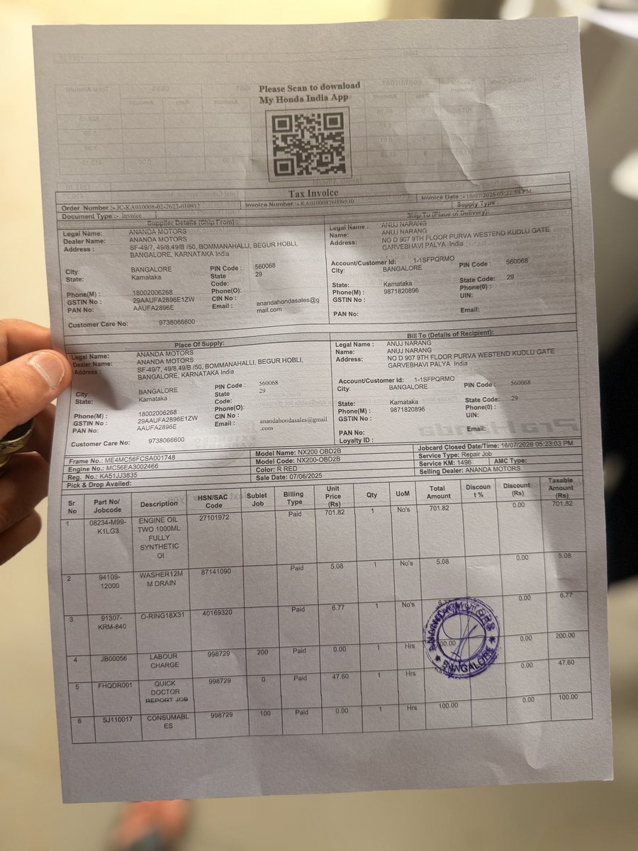 Narang_Sahab's tweet photo. Very disappointed with the quality of service from @AnandaMotor, Bangalore. My Honda NX200 came back from its second service with grease marks, dirt, and mud still on the bike. If visible quality is ignored, what about the work I can’t see? @Honda2Wheelers @HondaBigWingIN @Honda https://t.co/DCXww5ScX5
