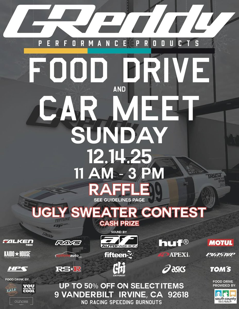 greddyperform's tweet photo. It’s that time of the year for our annual GReddy Holiday Food Drive and Car Meet! Join us this year as we partner with  to donate essential food items to support our local community. Sunday, December 14th, 11am-3pm.

We will be offering up to 50% off... https://t.co/vuhIixlkQW