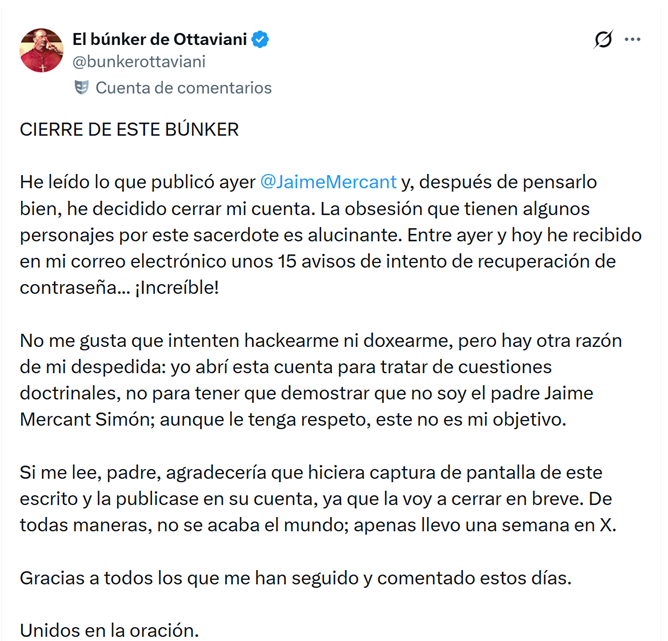 JaimeMercant's tweet photo. El Búnker ha sido víctima de la envidia y sobre todo del resentimiento, que, como decía, don Miguel de Unamuno, es el peor de los pecados.

Él no sólo escribía mejor que yo, sino que logró en el tiempo record de una semana que un buen número de «curas influencers» lo detestaran; yo tardé más.

Que el Señor lo bendiga y lo guarde.