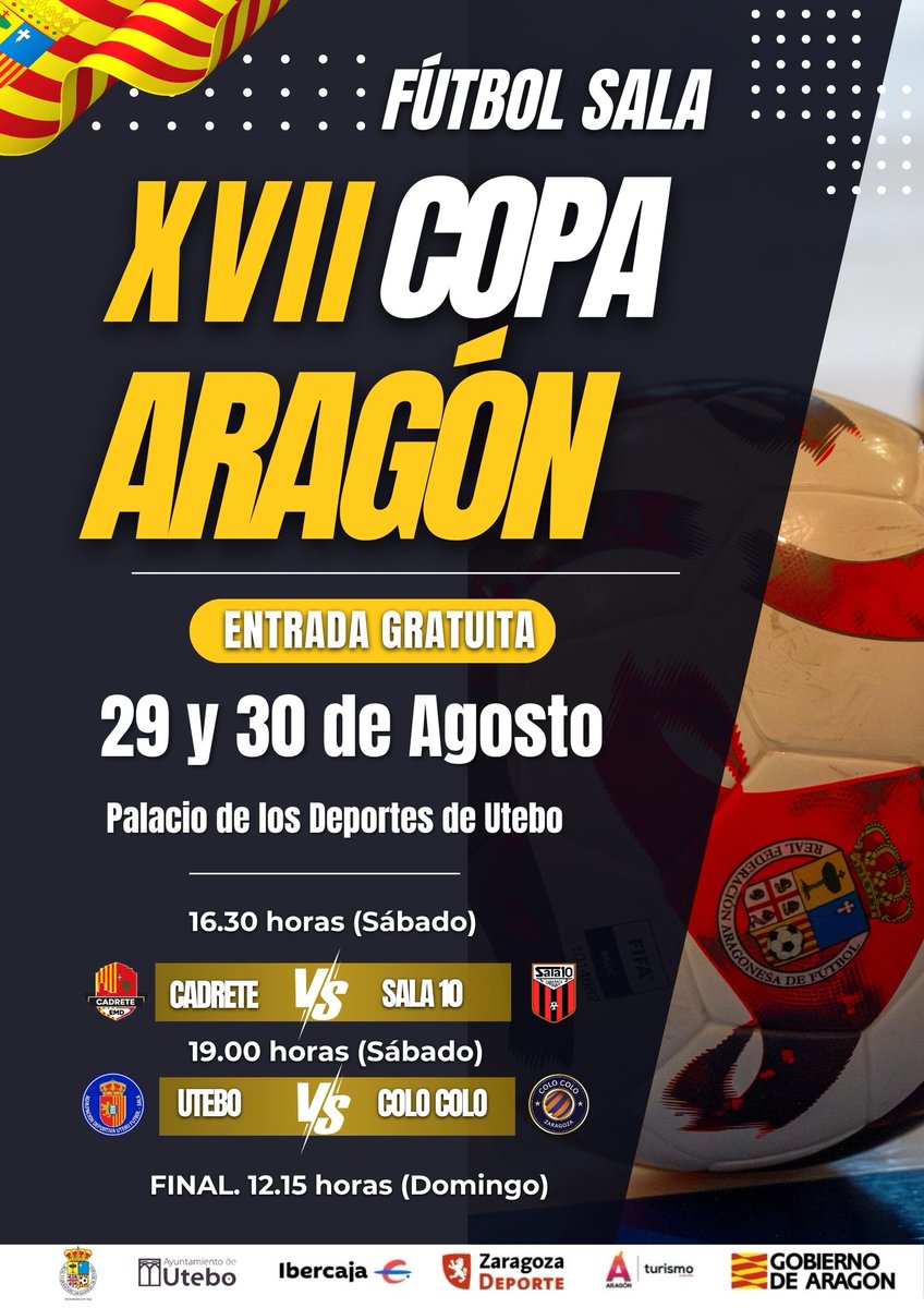 futbolaragon's tweet photo. #RFAF 𝗙𝗨́𝗧𝗕𝗢𝗟 𝗦𝗔𝗟𝗔 I COPA ARAGÓN
🏆 Terminado el plazo de inscripción de los equipos de categoría Nacional para la temporada 2026/27, el Palacio de los Deportes de #Utebo albergará la XVII edición de la Copa Aragón, primera competición oficial de fútbol sala de la temporada organizada por @futbolaragon