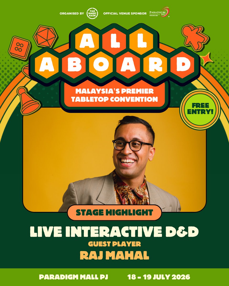 all_aboard_my's tweet photo. Emcee and content creator Raj Mahal is our final guest for the Dungeons &amp; Dragons live show! Expect plenty of laughs, peril and bad decisions as our four-member party embark on an adventure of a lifetime!

🗓️ July 18-19
🕚 11AM - 9PM 
📌 Upper Atrium, UG, Paradigm Mall
🎟️ FREE! https://t.co/MftfN9ag1h