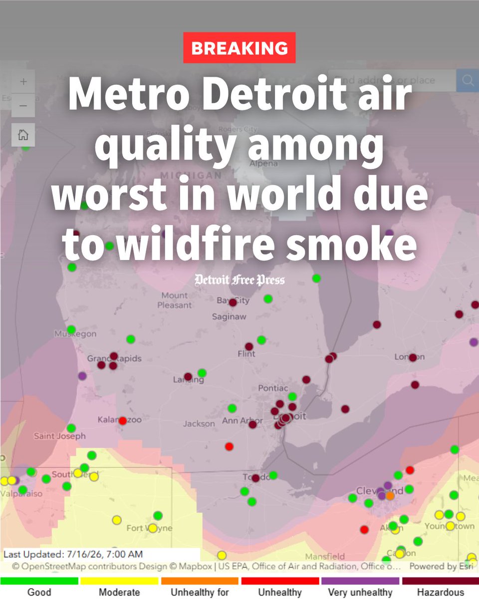 freep's tweet photo. BREAKING: Metro Detroit air quality among worst in world due to wildfire smoke

📷 by @EPA https://t.co/V613gYM5Vs