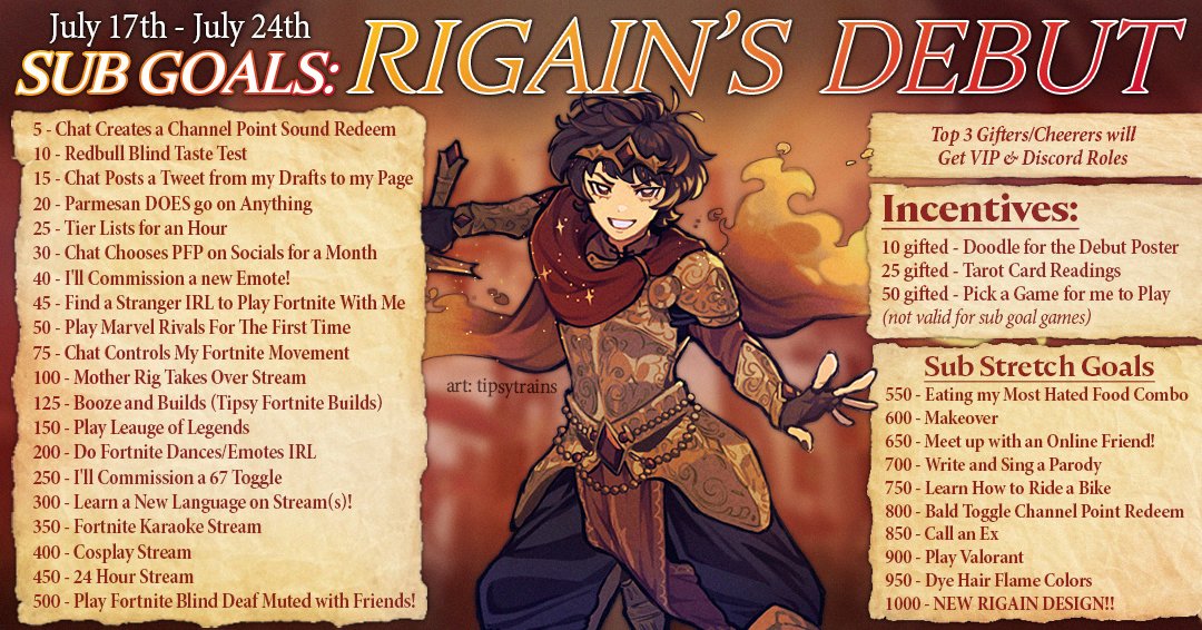 rigained's tweet photo. I debut... TOMORROW!!! Here's the rough schedule for Friday! When you join tomorrow, alerts, channel points, and emotes will be disabled till I show them off. So it may look bland at first, but trust me I've got some fun things to share! I've also attached sub and bit goals! https://t.co/EWRMqas4kN
