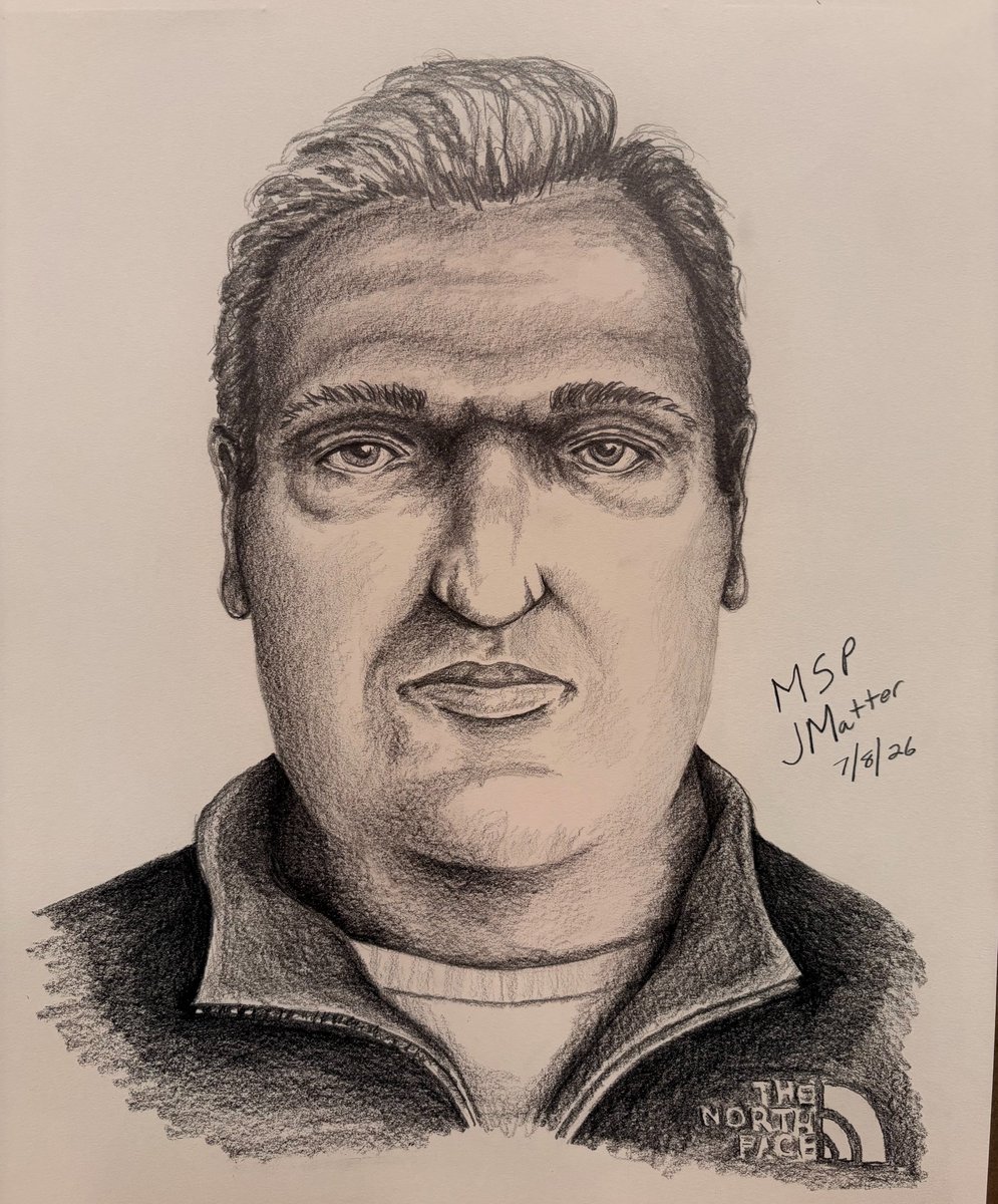 mspnorthernmi's tweet photo. State Police Need Your Help

PRESQUE ISLE COUNTY, MI: On November 26, 2025, troopers from the Michigan State Police (MSP) Alpena Post responded to a residence on Raven Drive in Ocqueoc Township after a deceased male was discovered on the shore of Lake Huron.

At the time he was discovered, the man was wearing a white t-shirt with word “Allegedly” in colorful letters and an Ostrich on the front, a black North Face jacket, American Eagle undergarments with an aquatic print, and blue jeans. The preliminary investigation indicates the man is approximately 5’ 6” and 165 pounds. The man may have been deceased for a period ranging from three months to three years. Due to the condition of the deceased, it is difficult for investigators to determine any other identifying information. The medical examiner’s investigation is ongoing, and foul play is not suspected.

UPDATE: July 16, 2026

Detectives have been actively working to identify this individual. With assistance from the Michigan State University Anthropology Laboratory and the MSP Forensic Art Unit, a sketch of what the man is believed to look like was composed and is being released to the public.

MSP is requesting the public’s assistance in identifying the deceased. Anyone who recognizes this man or has any information is asked to call the MSP Alpena Post at (989) 354-4101.