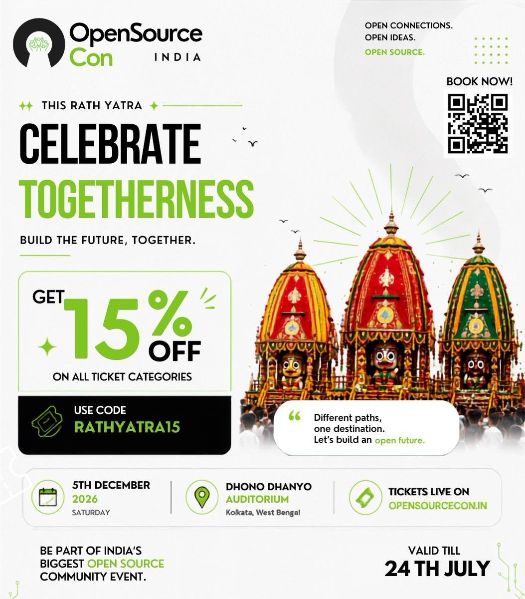 OpenSourceConIN's tweet photo. Code. Build. Scale. π
This Rathyatra, commit to your next big tech journey at #OpenSourceConIndia .
π 15% OFF with code: RATHYATRA15
β³ Till 24 July, 11:59 PM
π Kolkata | π
5 Dec
Secure your seat:
ποΈ https://t.co/2KLpzEl9xM
π« https://t.co/MoKuPhPKZt https://t.co/KJlG6FEO47