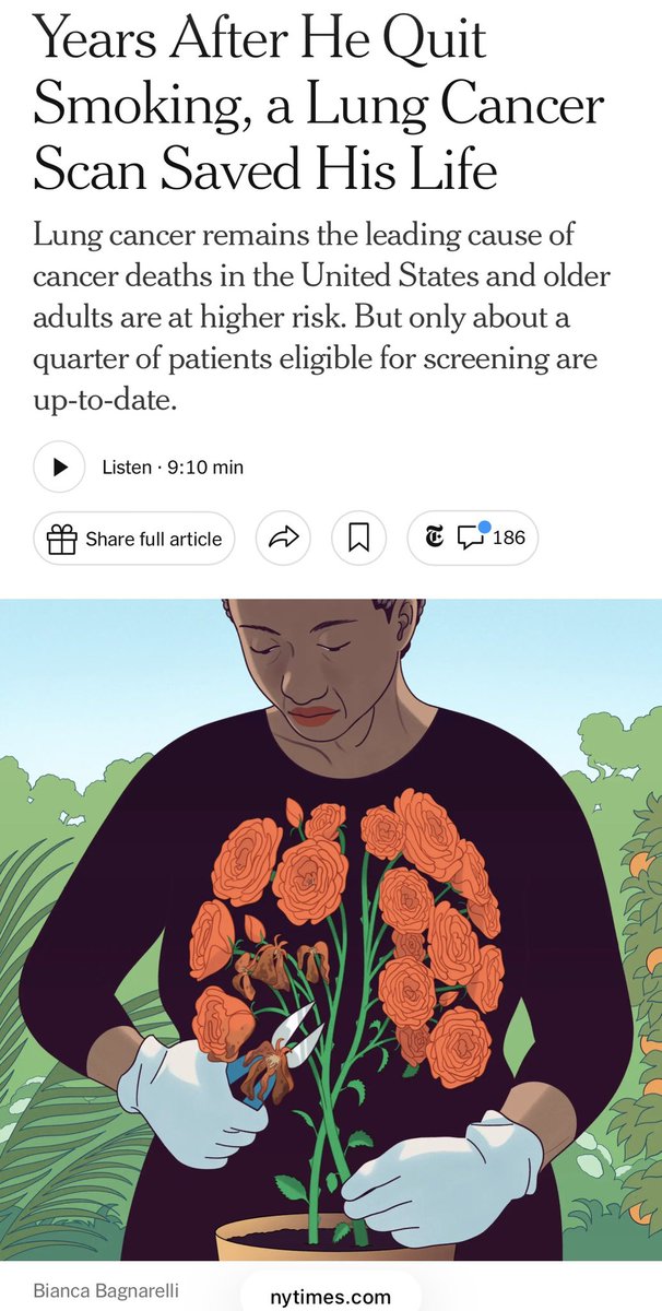 ChiFuJeffYang's tweet photo. I was recently interviewed for this New York Times story by Paula Span on the lifesaving impact of lung cancer screening.

Thank you to Paula for shining a light on this important issue, and to Mr. Dennis Schmidt for sharing your powerful story. Early detection saves lives, and I hope this piece inspires continued efforts to expand awareness of and access to lung cancer screening!

https://t.co/0lIKZqB16C