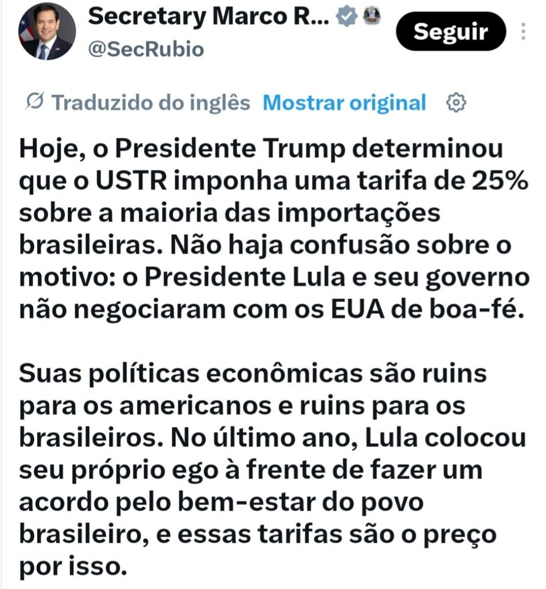 freu_rodrigues's tweet photo. Marco Rubio, afirmou que Lula  colocou seu “ego à frente de fechar um acordo pelo bem-estar do povo brasileiro”.

Flávio Bolsonaro 22 https://t.co/089RglMSXZ