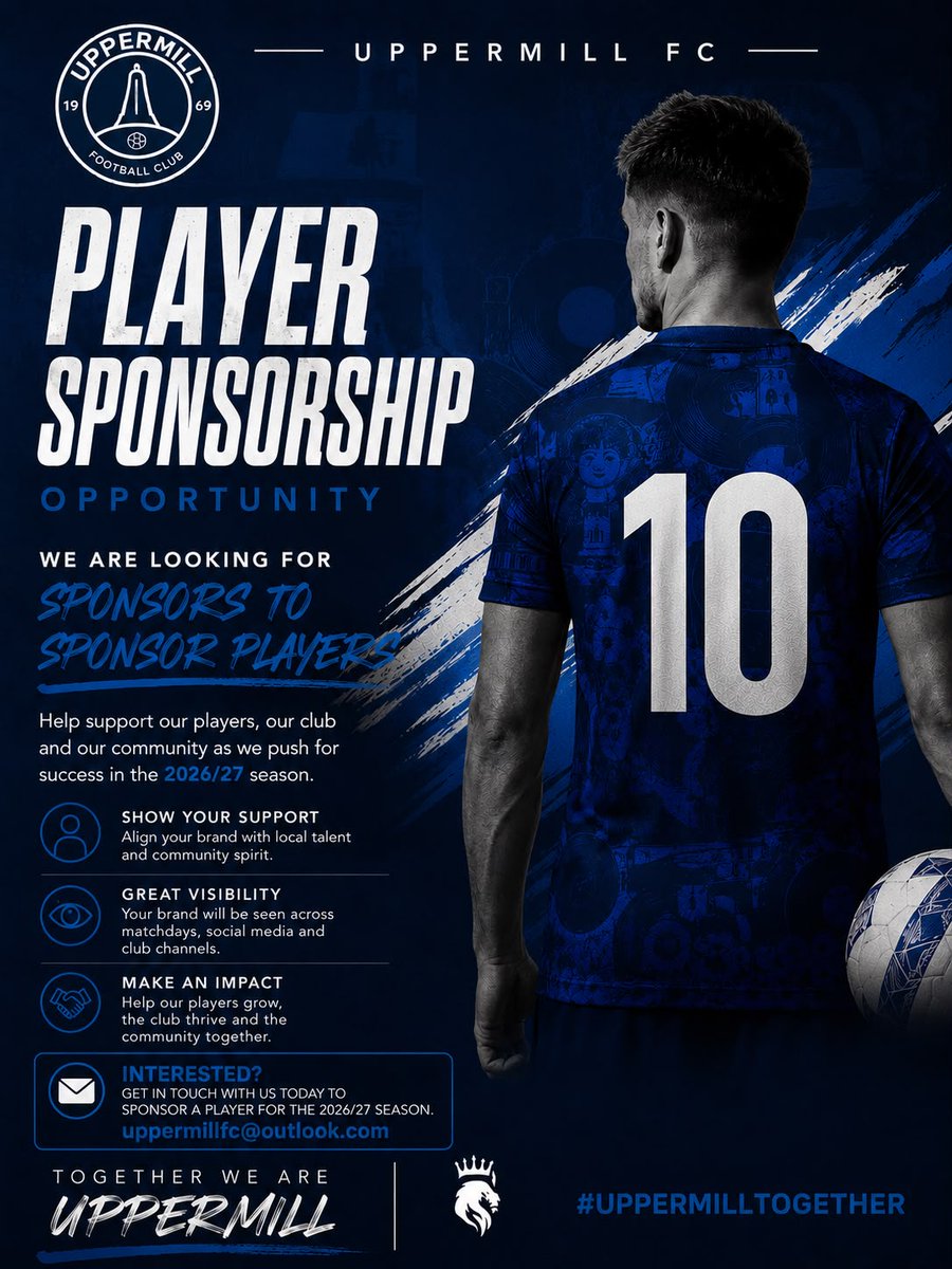 UppermillFC2026's tweet photo. Player Sponsorship is now available for our 1st Team who embark on their new era of semi-professional football

Get in touch for more details on how you can sponsor one of our players 

@ChinaCrisisUK 

#UpTheMill #Oldham #football #playersponsorship https://t.co/0mHn4LMRZG