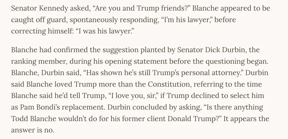 JoyceWhiteVance's tweet photo. Senators don't need to know anything more than what they saw yesterday to know Blanche is not fit to be AG. It was a long day of questions, but juxtaposing a few of them, which I've done in this piece, makes that clear. https://t.co/aD7ObvkSoG https://t.co/JuB6HZQYwv