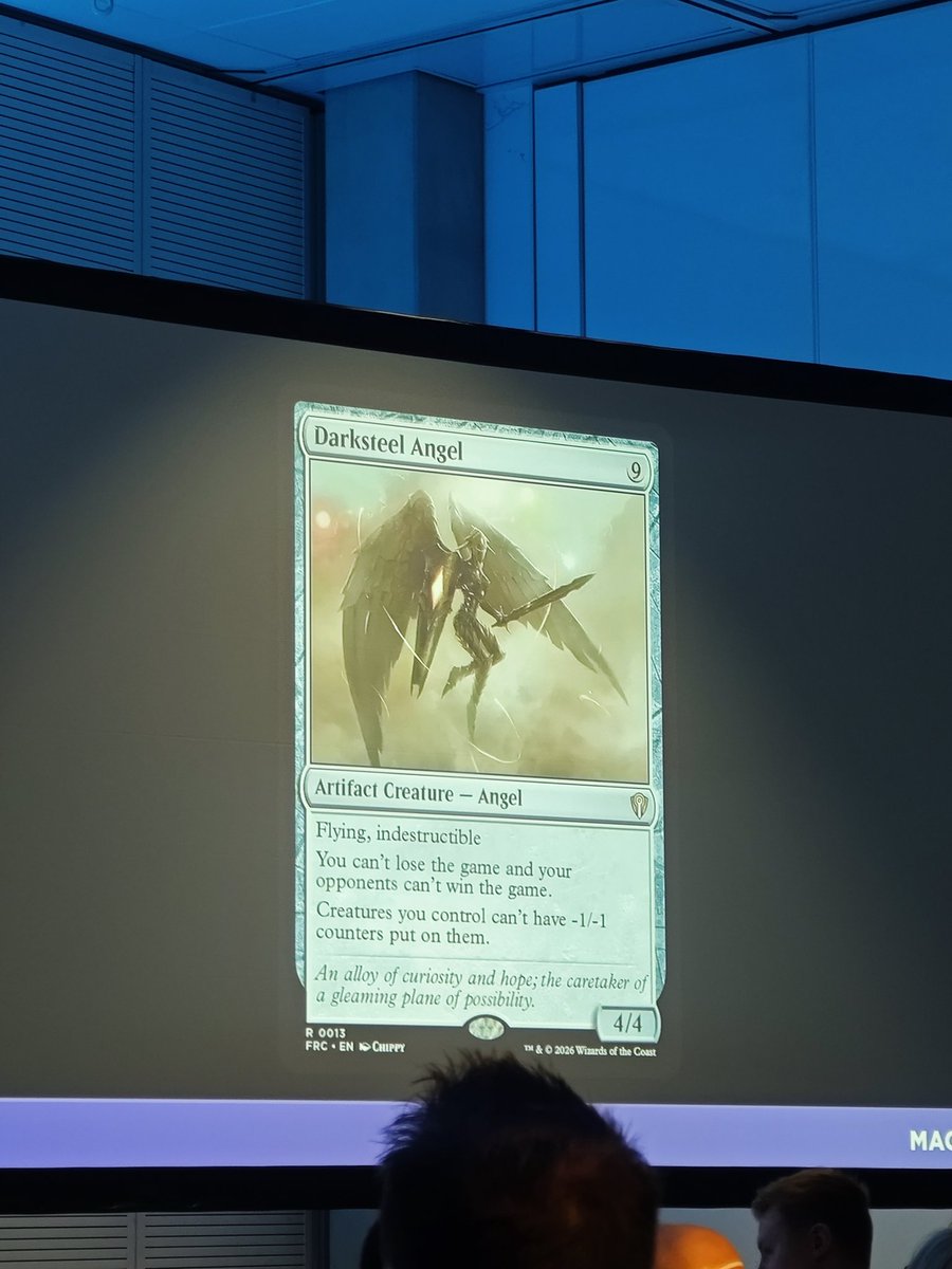 playwithbeezz's tweet photo. Darksteel Angel es un angel purificado de Mirrodin en el set de Reality Fracture, que estará en un deck de commander que saldrá con Jace al mando 👀 #MCAmsterdam https://t.co/AM145MiEzU