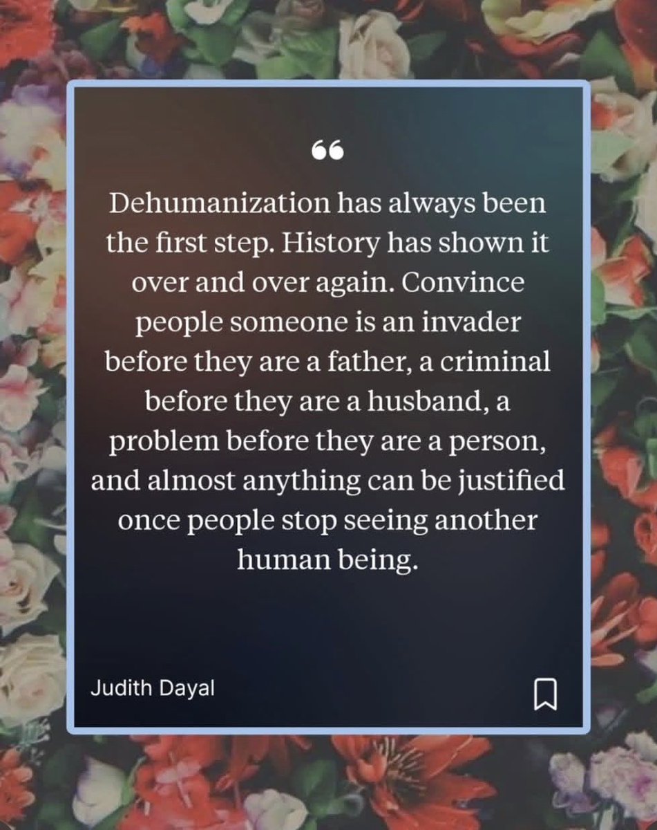 Be11akindofthng's tweet photo. „Entmenschlichung war schon immer der erste Schritt. Die Geschichte hat dies immer wieder gezeigt. Überzeuge die Menschen davon, dass jemand ein Eindringling ist, bevor er Vater ist, ein Krimineller, bevor er Ehemann ist, ein Problem, bevor er ein Mensch ist und so gut wie alles lässt sich rechtfertigen, sobald die Menschen in dem anderen keinen Menschen mehr sehen.“

- Judith Dayal