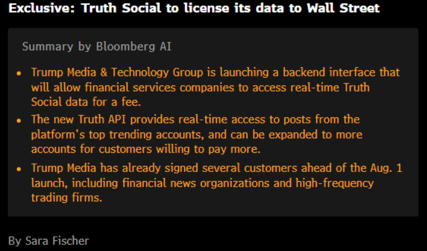 negligible_cap's tweet photo. *TRUTH SOCIAL TO LICENSE ITS DATA TO FINANCIAL SERVICE COS:AXIOS

Pretty sure this means Trump is just charging HFT's to get quicker access to his Truths https://t.co/dpuBaen5lO