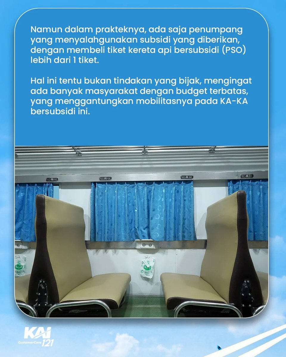 uniquebend's tweet photo. Di kereta juga ada praktik korupsi yg kadang gak disadari

Praktiknya gini: penumpang beli 2 tiket (atau lebih) kereta ekonomi subsidi alias kereta kursi tegak adu dengkul buat diri sendiri. Tujuannya supaya duduknya lebih lega atau bisa selonjoran

Sebenarnya KAI sudah membuat sistem supaya tiap orang cuma bisa beli 1 tiket ekonomi subsidi. Tapi, ada penumpang yg mencari celah dengan cara meminjam identitas orang lain supaya bisa beli lebih dari 1 tiket

Anda pernah melakukan itu? Kalau iya, berarti anda berjiwa koruptor. Ayo segera bertobat 😁