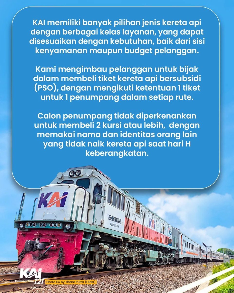 uniquebend's tweet photo. Di kereta juga ada praktik korupsi yg kadang gak disadari

Praktiknya gini: penumpang beli 2 tiket (atau lebih) kereta ekonomi subsidi alias kereta kursi tegak adu dengkul buat diri sendiri. Tujuannya supaya duduknya lebih lega atau bisa selonjoran

Sebenarnya KAI sudah membuat sistem supaya tiap orang cuma bisa beli 1 tiket ekonomi subsidi. Tapi, ada penumpang yg mencari celah dengan cara meminjam identitas orang lain supaya bisa beli lebih dari 1 tiket

Anda pernah melakukan itu? Kalau iya, berarti anda berjiwa koruptor. Ayo segera bertobat 😁