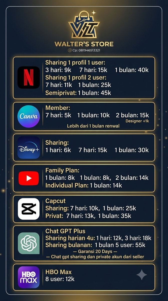 Walter_store's tweet photo. Walter's Store ✨

Akun premium buat hiburan dan produktivitas.
Fast respons, harga hemat.

Bisa DM kesini, tapi pc ke nomor di bawah ini
Cp: 081946513321 https://t.co/q86Tk1TYhr