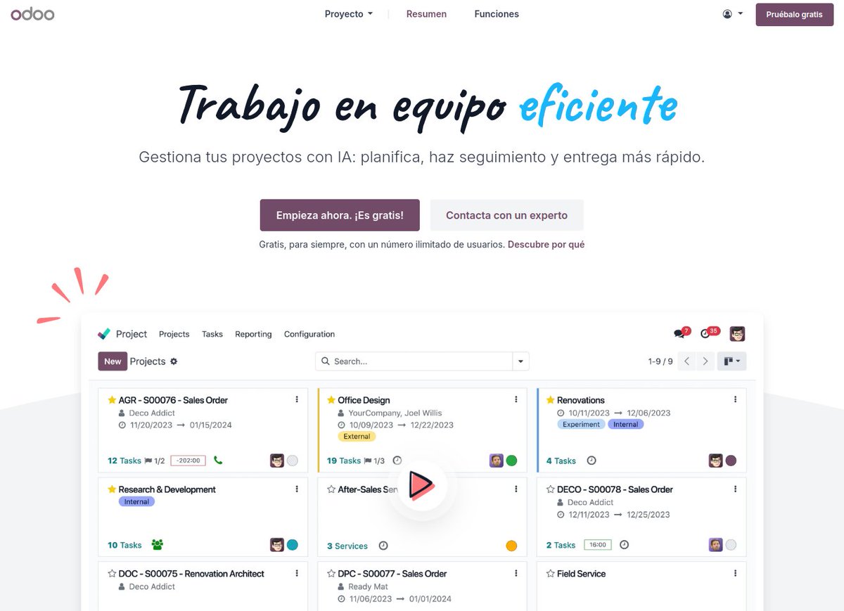MoureDev's tweet photo. ¿Sabes cuánto tiempo pierdo gestionando proyectos entre mil herramientas distintas? Demasiado.

Llevo unos días probando Odoo Project y me ha sorprendido:
✓ Creas un proyecto desde cero en minutos, con tus propias etapas
✓ Tareas con responsables, prioridades, etiquetas, subtareas y checklists
✓ Vista Kanban, lista o Gantt según cómo te guste trabajar
✓ Toda la comunicación del equipo en la misma interfaz: correos, notas, menciones, archivos...

Y lo mejor: la primera app es gratis para siempre, con alojamiento y soporte incluidos.

En su plan completo, Odoo tiene más de 85 apps conectadas entre sí (CRM, facturación, inventario, RR. HH...), así que si tu proyecto crece, la plataforma crece contigo.

→ https://t.co/e1VFvO0QLW