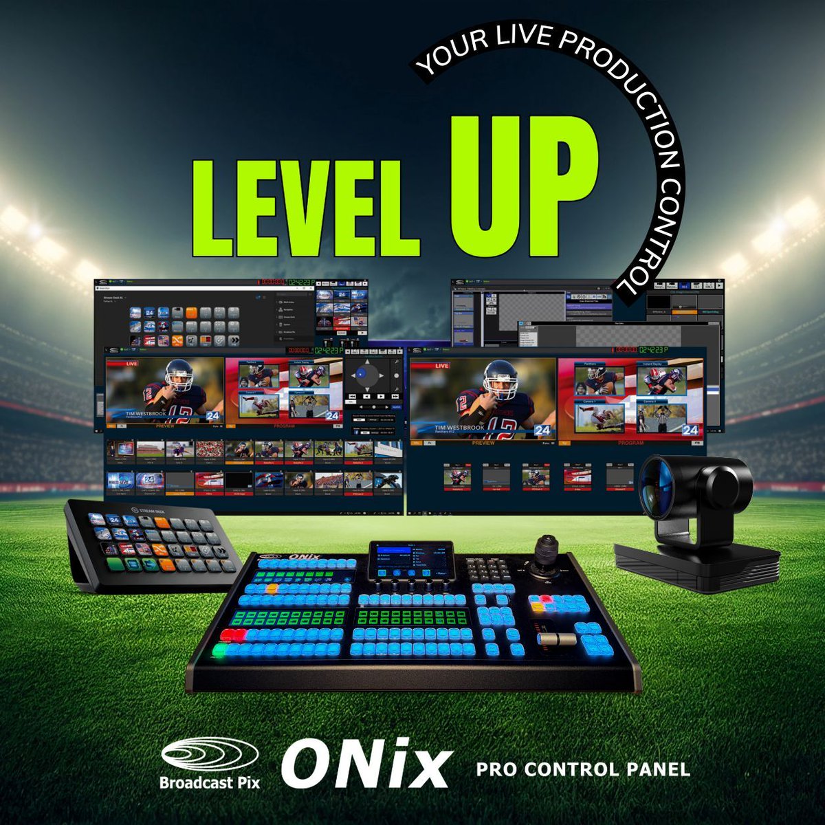 BroadcastPix's tweet photo. One panel for every production: switching, PTZ, graphics, audio, streaming, recording, captioning, and macros. Broadcast Pix ONix Pro centralizes it so operators focus on the show, not setup. Perfect for summer sports and live events 👇 https://t.co/yas3RhBNuC #BroadcastPix #ONix https://t.co/gZr1LLlR4F