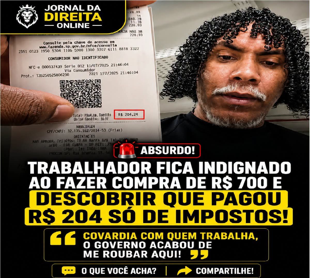 JornalBrasilOn2's tweet photo. Um trabalhador se indignou ao verificar a nota fiscal de uma aquisição no supermercado e achar R$ 204,34 somente em impostos. 

No registro, ele qualifica a cobrança como uma “covardia com a gente que trabalha” e lamenta o peso dos tributos no orçamento do brasileiro.

A situação ilustra a revolta de quem trabalha, paga impostos em quase tudo e ainda encara preços elevados para levar o essencial para casa. Enquanto o governo Lula comenta sobre justiça social, o cidadão percebe no caixa do mercado o real custo de manter uma máquina pública cada vez mais onerosa.