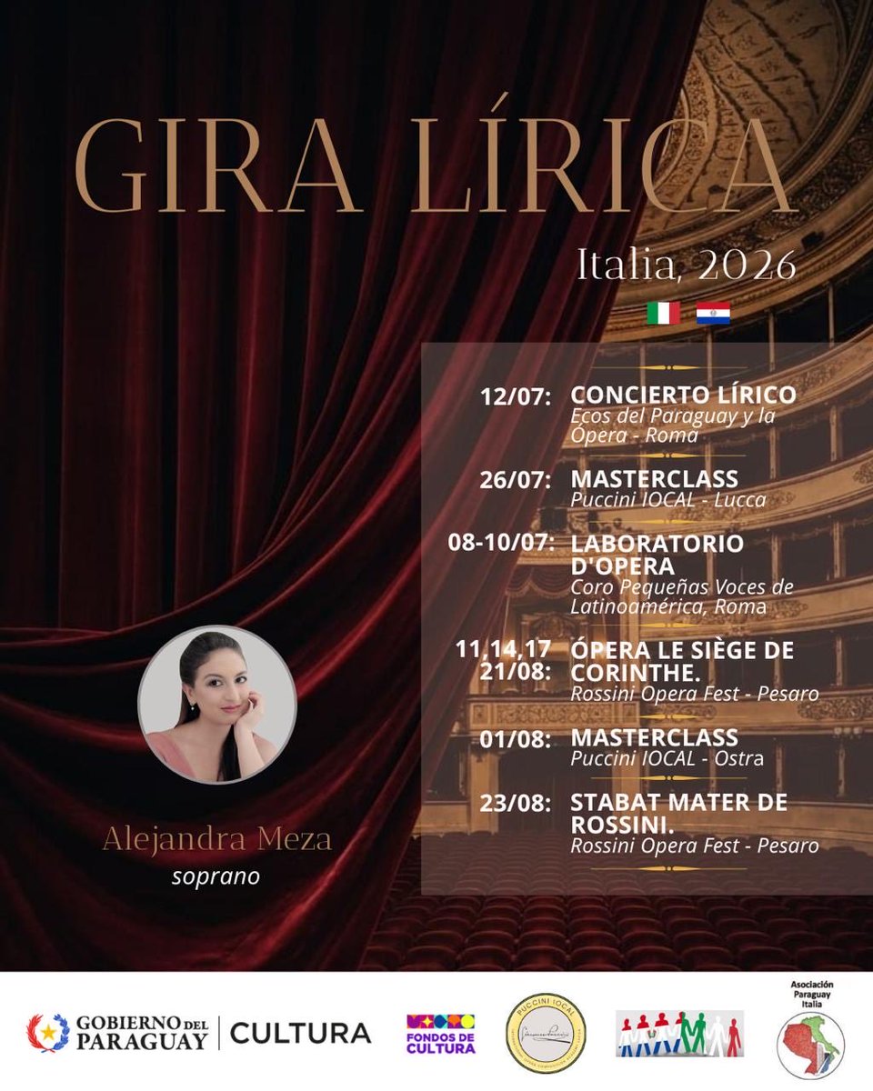 EmbParaguay_ITA's tweet photo. La soprano paraguaya Alejandra Meza inicia su Gira Lírica Italia 2026 🇵🇾🇮🇹

Con conciertos, masterclasses y presentaciones en distintas ciudades italianas, llevará el talento paraguayo a prestigiosos escenarios y espacios de formación. https://t.co/9bJKZ6n8kJ