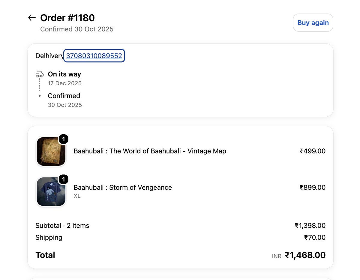 vasudev617's tweet photo. It's been 8 months, and I still haven't received my order. This honestly feels like daylight robbery. Either ship my order immediately or issue a full refund. This is completely unacceptable. @FilmydiceStore @Shobu_ #Baahubali https://t.co/pTsbExlAqE