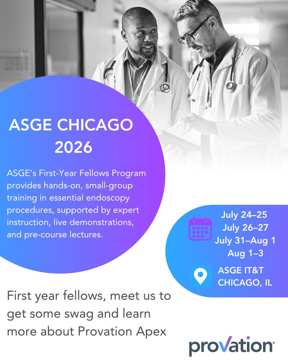 provationmed's tweet photo. We’re looking forward to connecting with first-year fellows at ASGE Chicago 2026. Visit us to learn how Provation Apex supports endoscopy teams with streamlined documentation and clinical workflows, and discover solutions designed to enhance efficiency across the care continuum. https://t.co/bojxodlTAD