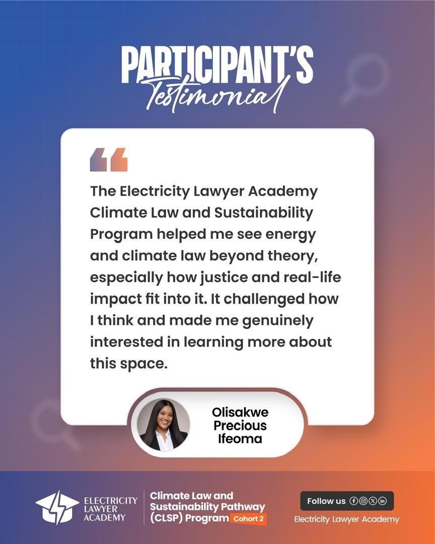 ElectricityL's tweet photo. Electricity Lawyer Academy: Participant Voices- CLSP Cohort 2

Today’s spotlight features some of our CLSP Cohort 2 participants.

👇 See their testimonials below.

#CLSP #ElectricityLawyerAcademy 
#ElectricityLawyer
#EnergyJustice #ClimateLaw https://t.co/StXMnEy1ob