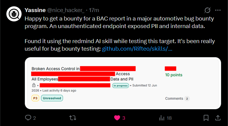 Rifteo's tweet photo. And it's already finding real bugs:
"Found it using the Redmind AI skill while testing this target." — @nice_hacker_, on a bounty, he just landed in a major automotive program. https://t.co/T4ha7bpH9P