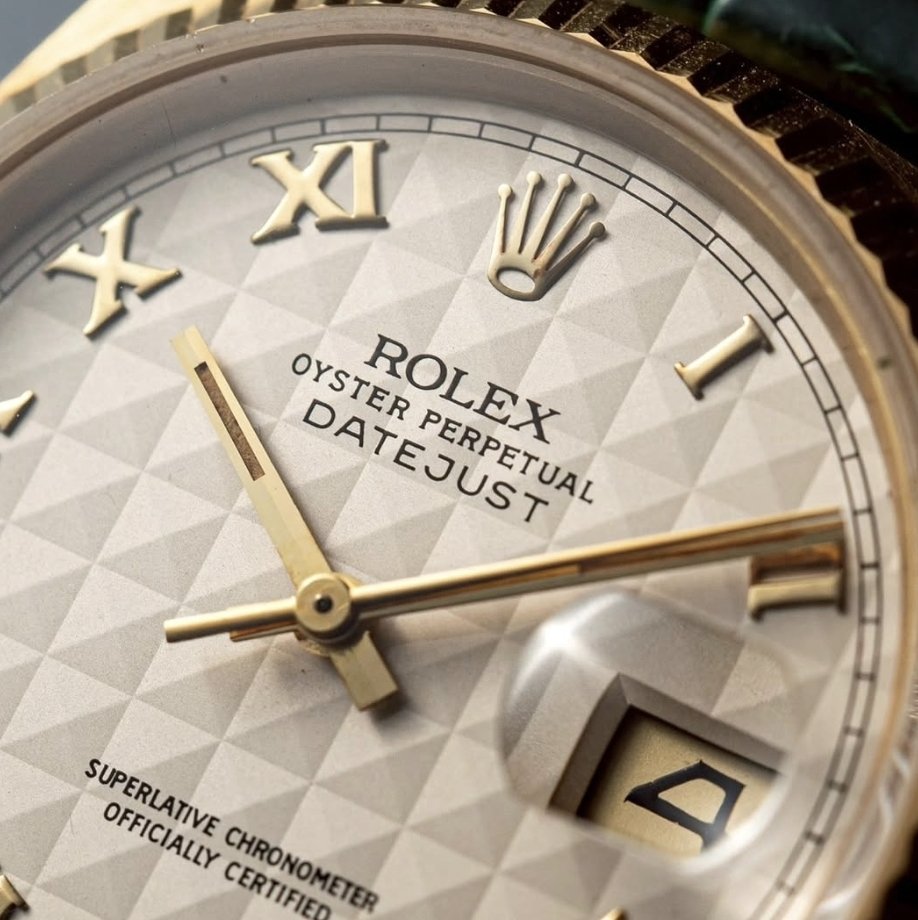GlobalWatchClub's tweet photo. Vintage yellow gold Rolex Datejust Ref. 16018 with an ivory pyramid dial from the 1980s https://t.co/nPVV1BnTD6