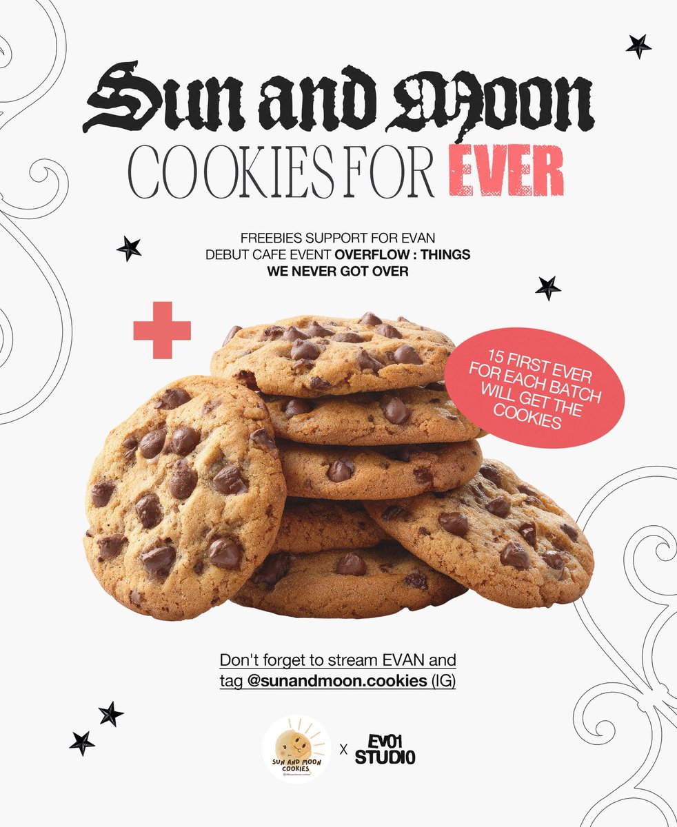 EV01STUDI0's tweet photo. A little surprise, made sweeter with Sun and Moon. 🍪🌙☀️

We’re excited to collaborate with sunandmoon.cookies for 𝙊𝙑𝙀𝙍𝙁𝙇𝙊𝙒: 𝙏𝙝𝙚 𝙏𝙝𝙞𝙣𝙜𝙨 𝙒𝙚 𝙉𝙚𝙫𝙚𝙧 𝙂𝙤𝙩 𝙊𝙫𝙚𝙧.

The first 15 person in each session will receive a special soft-baked cookie as a little treat to make your day even sweeter.

Don’t forget to stream EVAN, and show some love by following and tagging @ sunandmoon.cookies on Instagram!

See you at the event 🩶

#Overflow #FlowIntoForever 
#EV01STUDI0 #SunAndMoonCookies